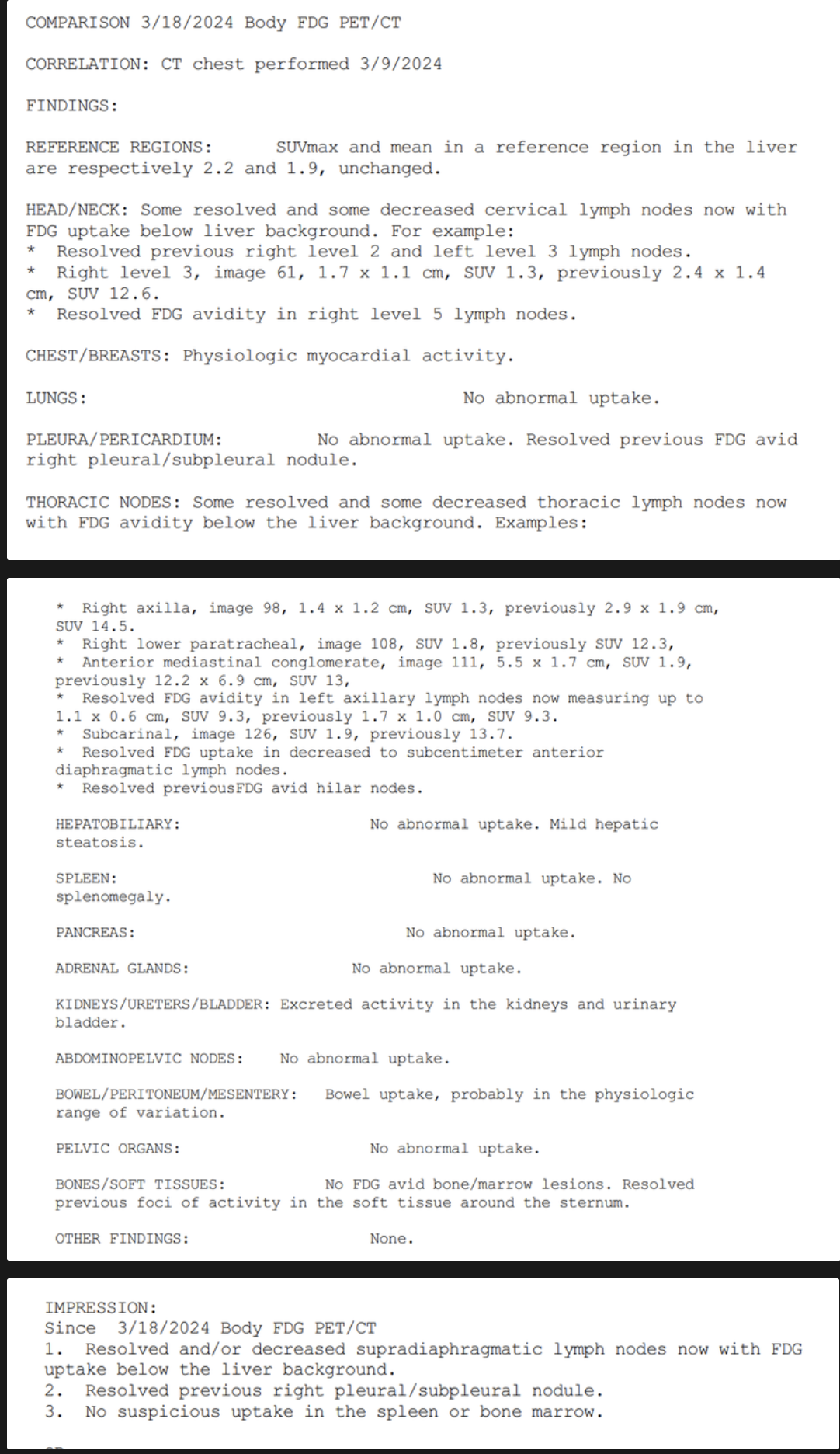 PET scan report showing positive results