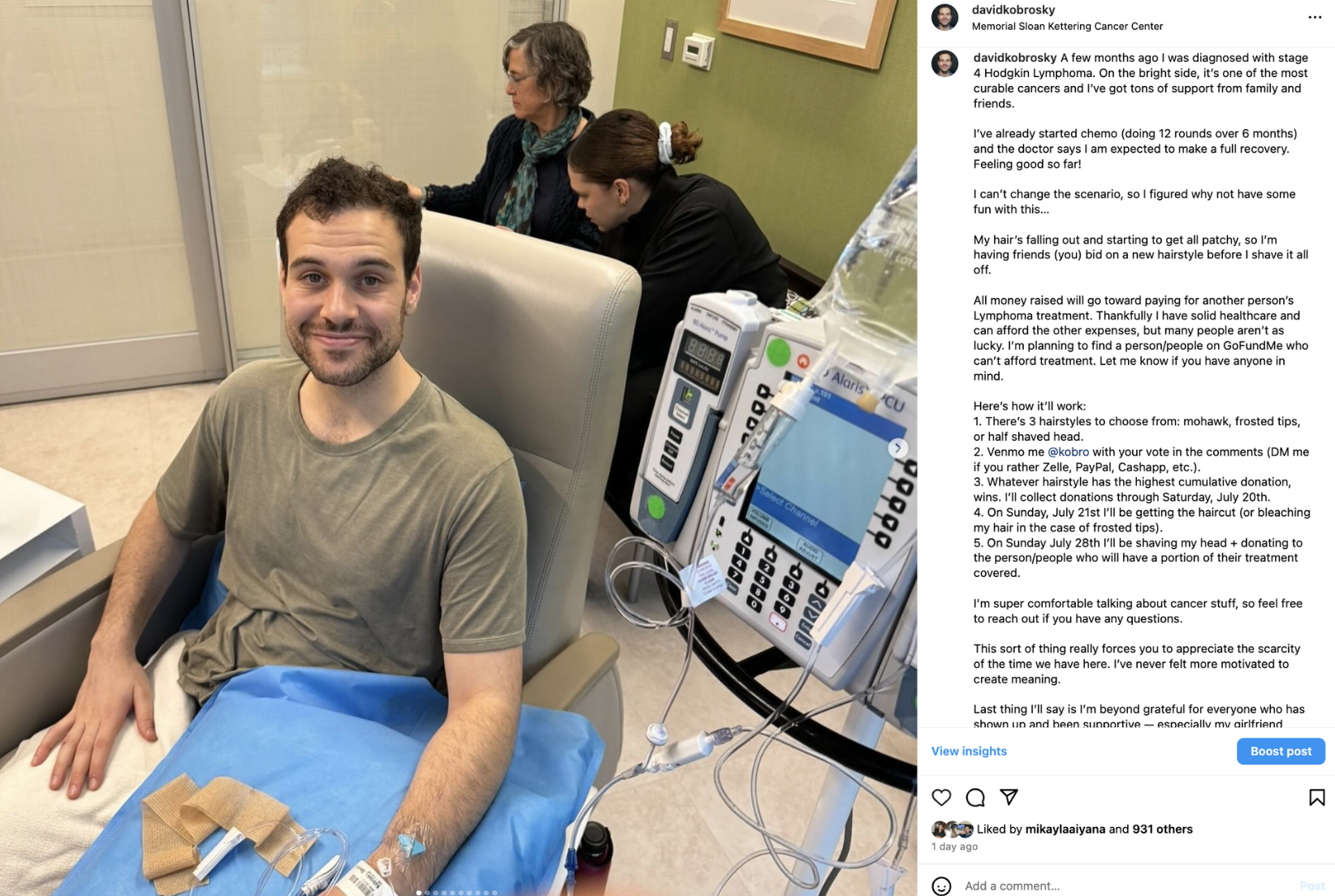 Instagram post about lymphoma fundraiser and hairstyle voting
