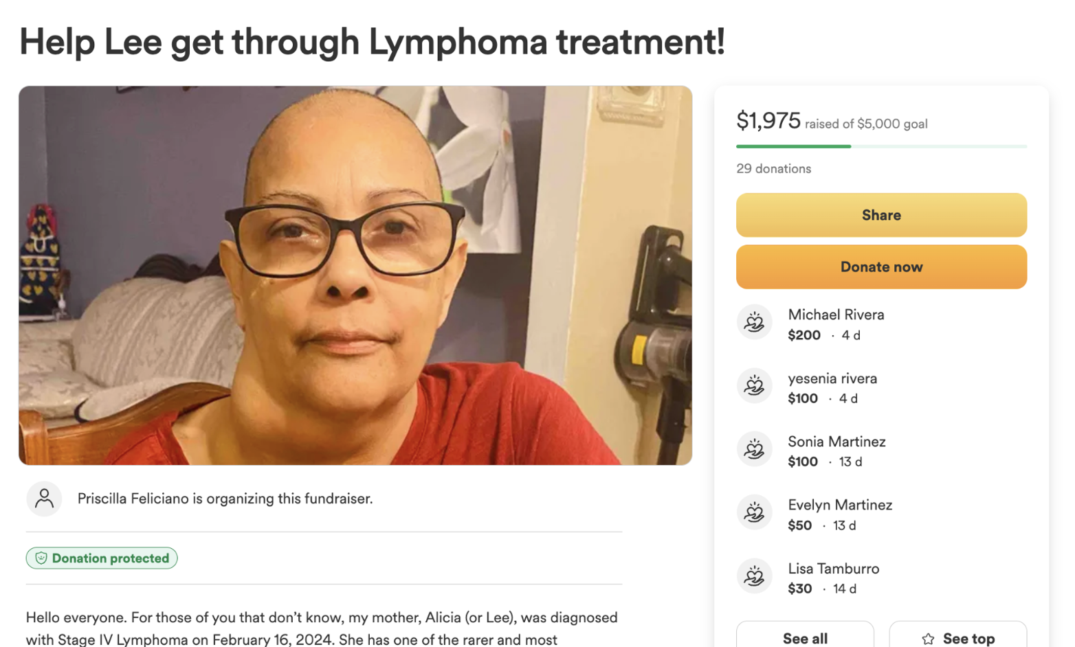 Example GoFundMe campaign for lymphoma treatment support