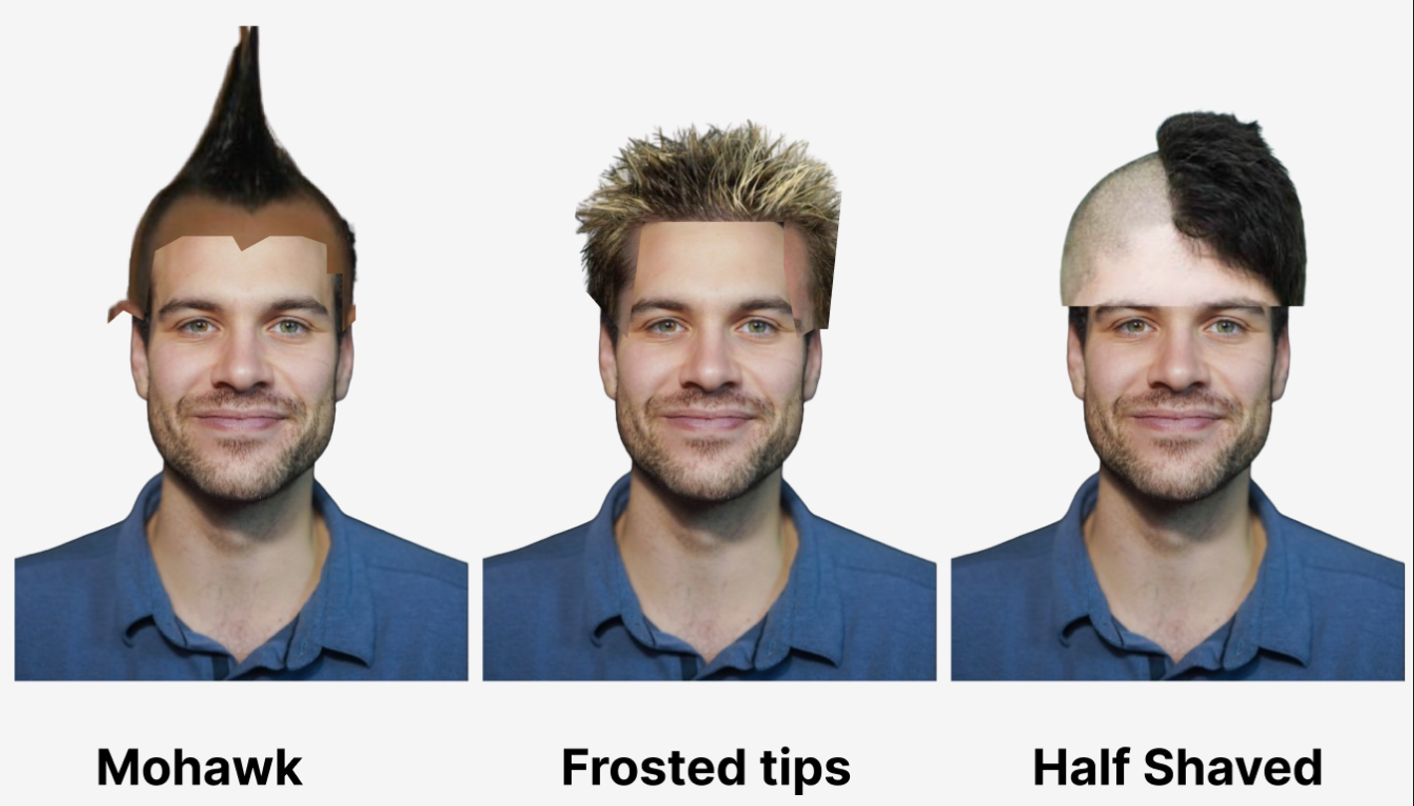 Graphic showing hairstyle options: mohawk, frosted tips, and half shaved head
