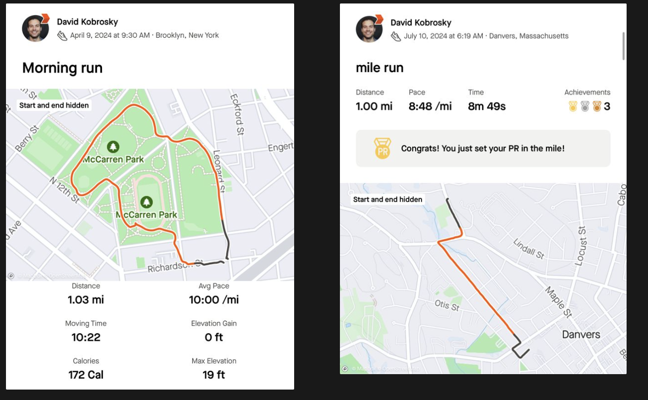 Running statistics showing improved 8:48 mile time