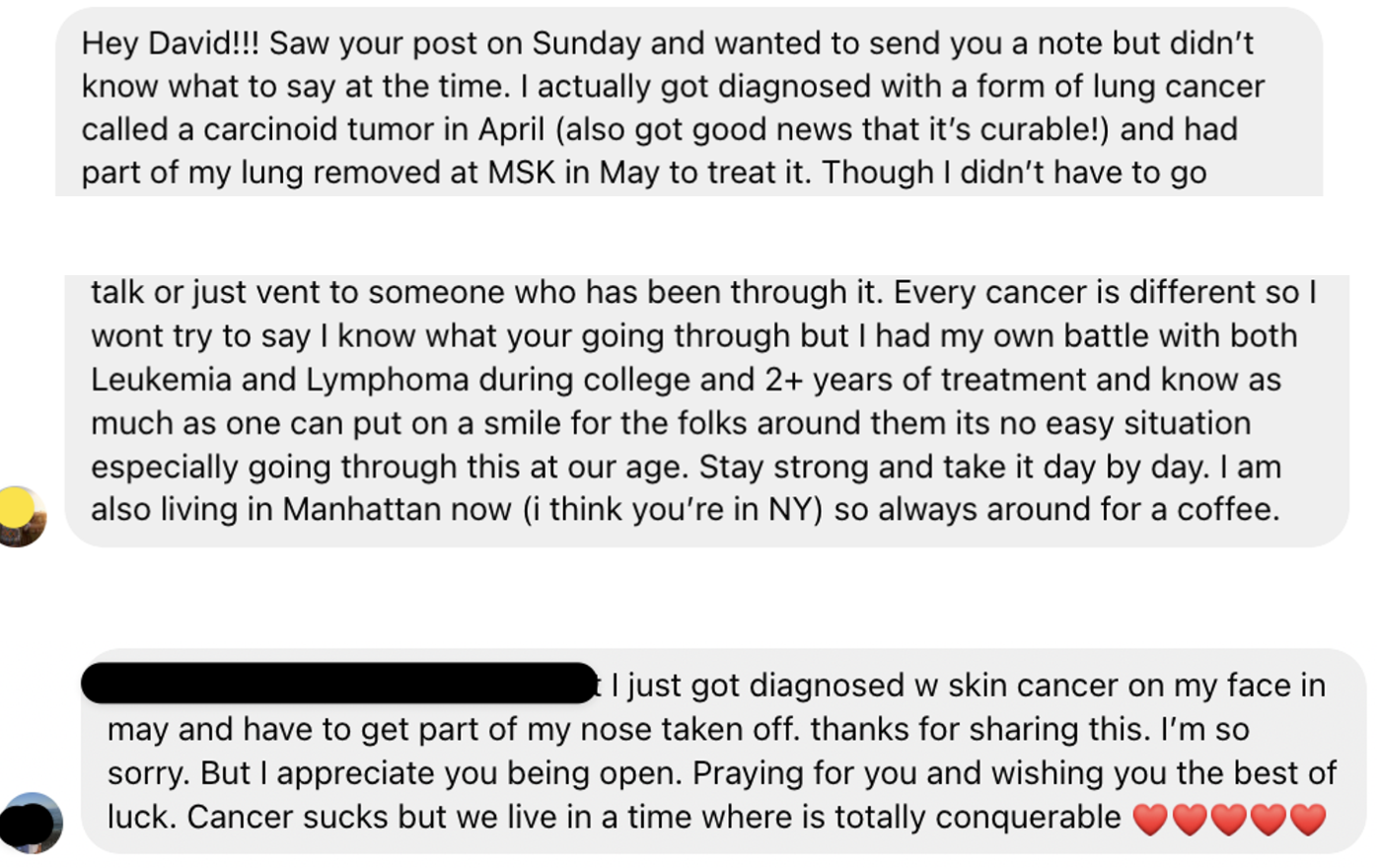 Friends sharing their own cancer experiences after David's post