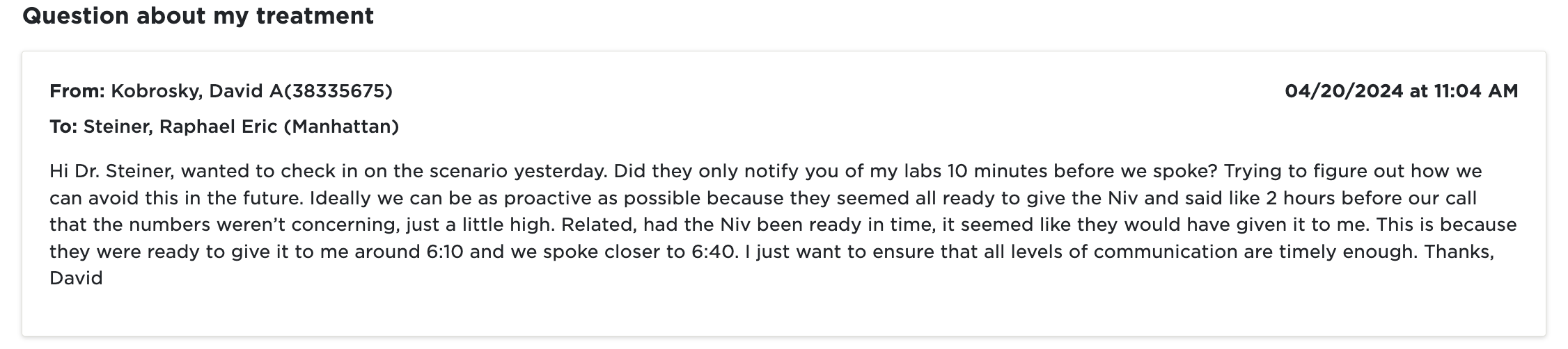 Email to Dr. Steiner about communication issues