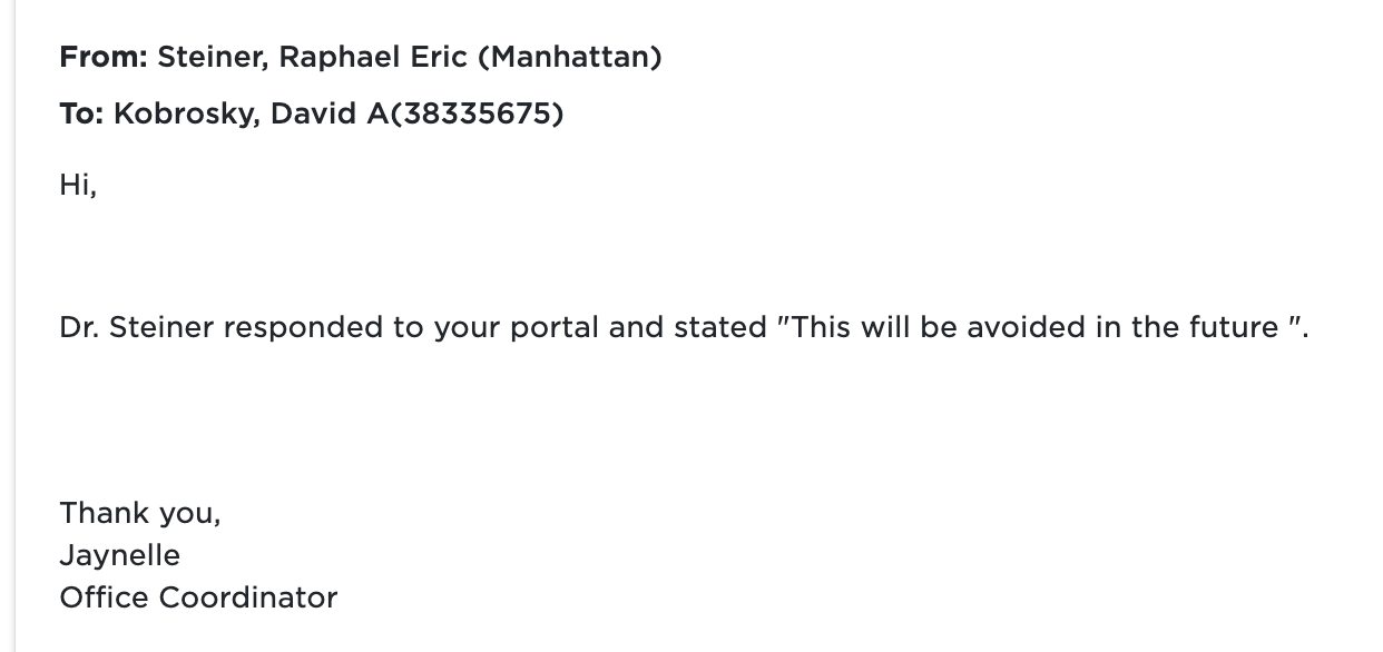 Dr. Steiner's response email