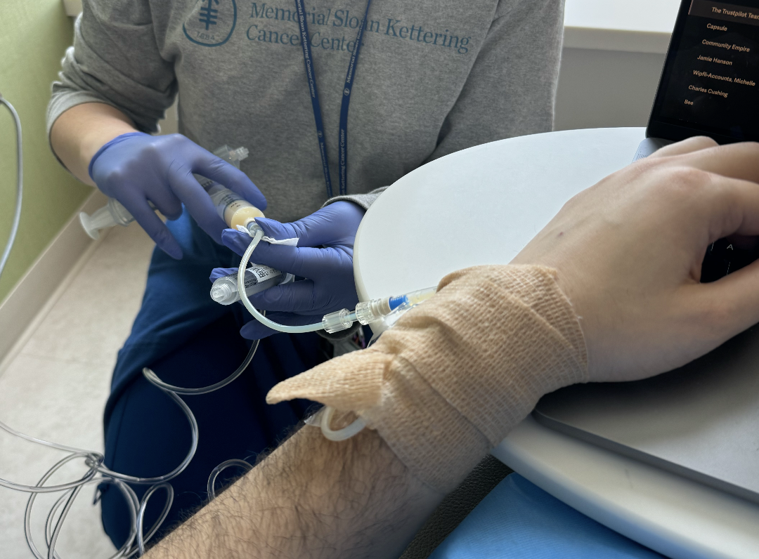 IV needle in arm during treatment