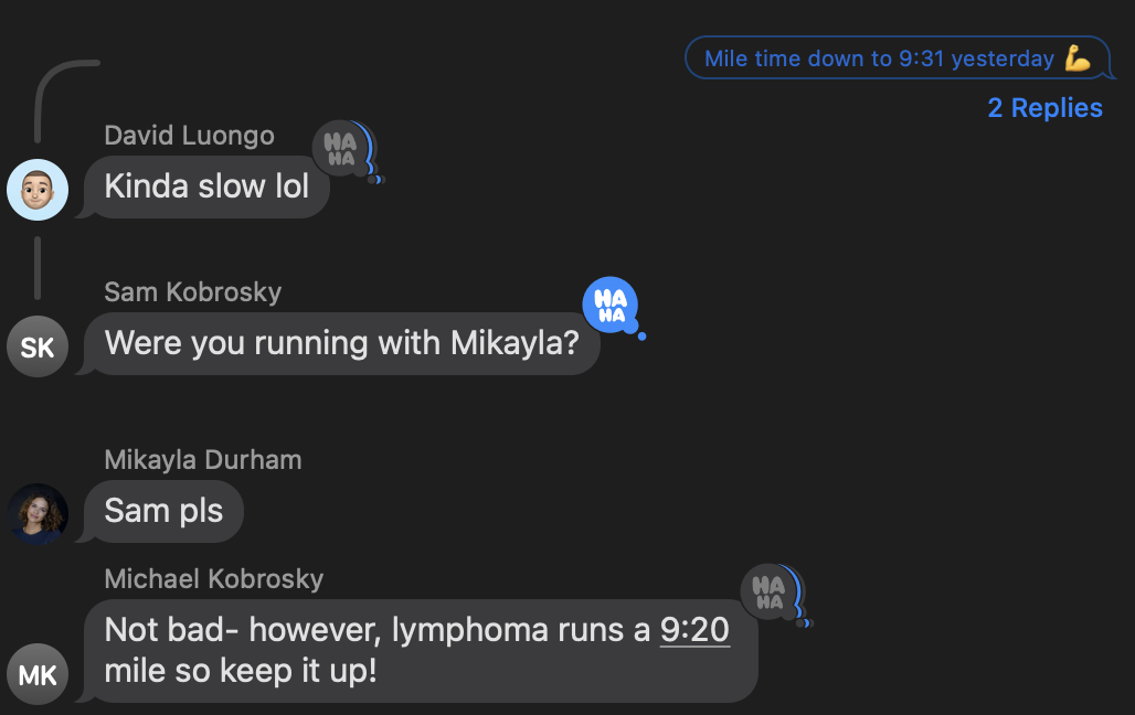 Text from Mike about running pace vs lymphoma