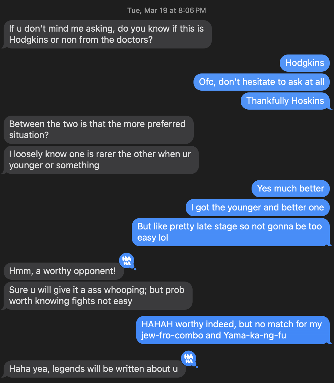Text from David Sun about worthy opponent