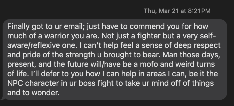 Follow-up text from David Sun about video game analogy