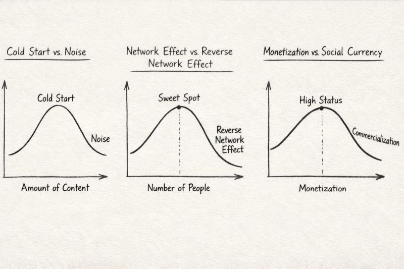 Three community paradox graphs: Cold Start vs. Noise, Network Effect vs. Reverse Network Effect, and Monetization vs. Social Currency
